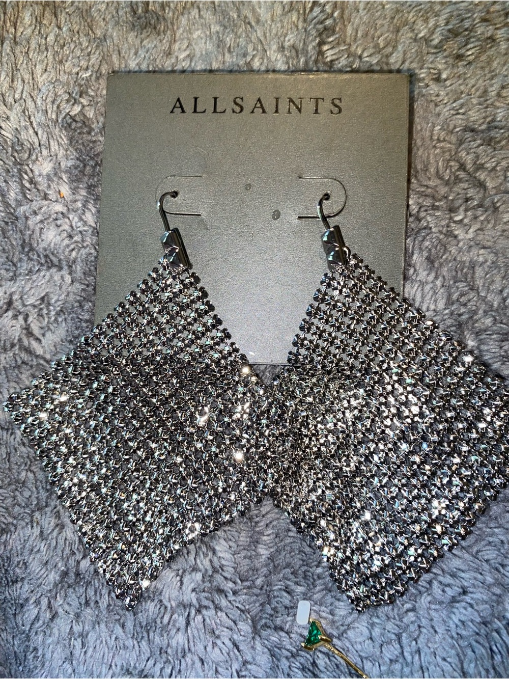 BNWT All Saints Silver Sequin Mesh Drop Earrings $69 - Picture 2 of 4